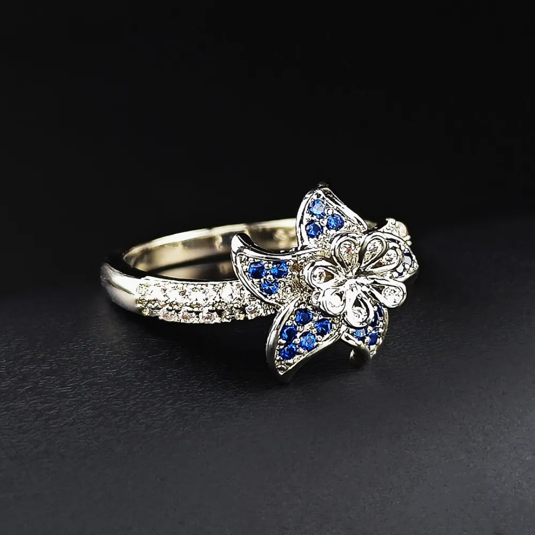Vintage Blauwe Kristallen Bloemring