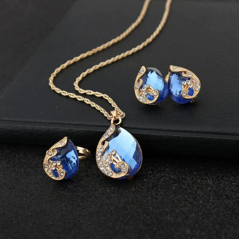 Set Ketting + Blauwe Kristal Dangle Oorbellen in Goud