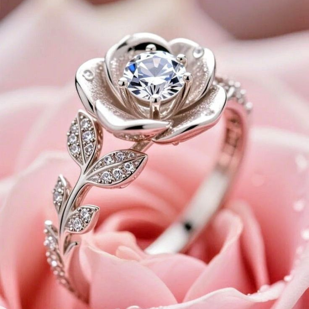 Zilveren Rozen Bloem Crystal Ring