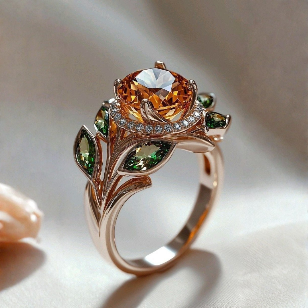 Gouden Bloemen Amber Kristallen Ring