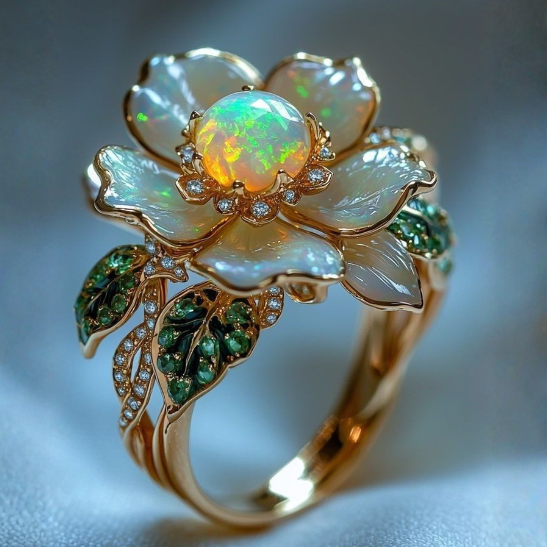 Gouden Bloemige Opal Crystal Ring