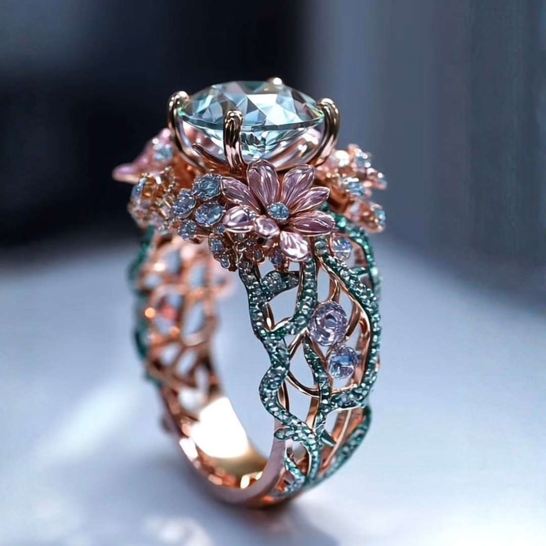 Roze Gouden Bloem Crystal Ring