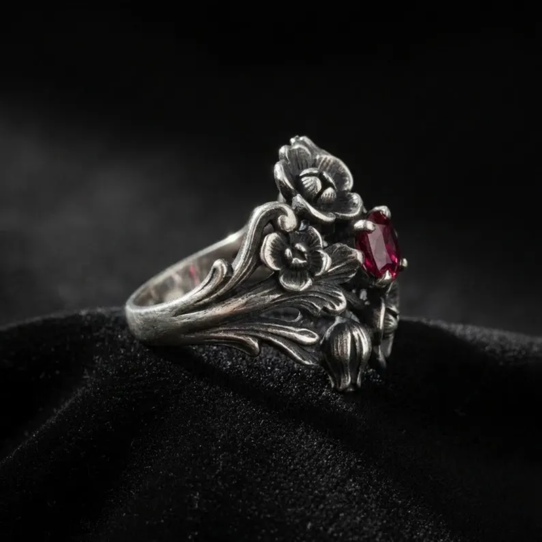 Vintage Rozen Garnet Zilveren Ring