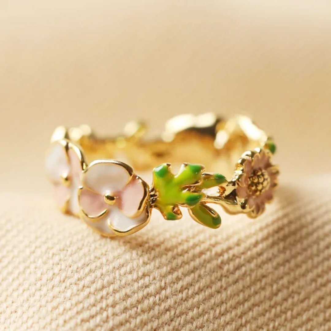 Gouden Bloemige Emaille Open Ring