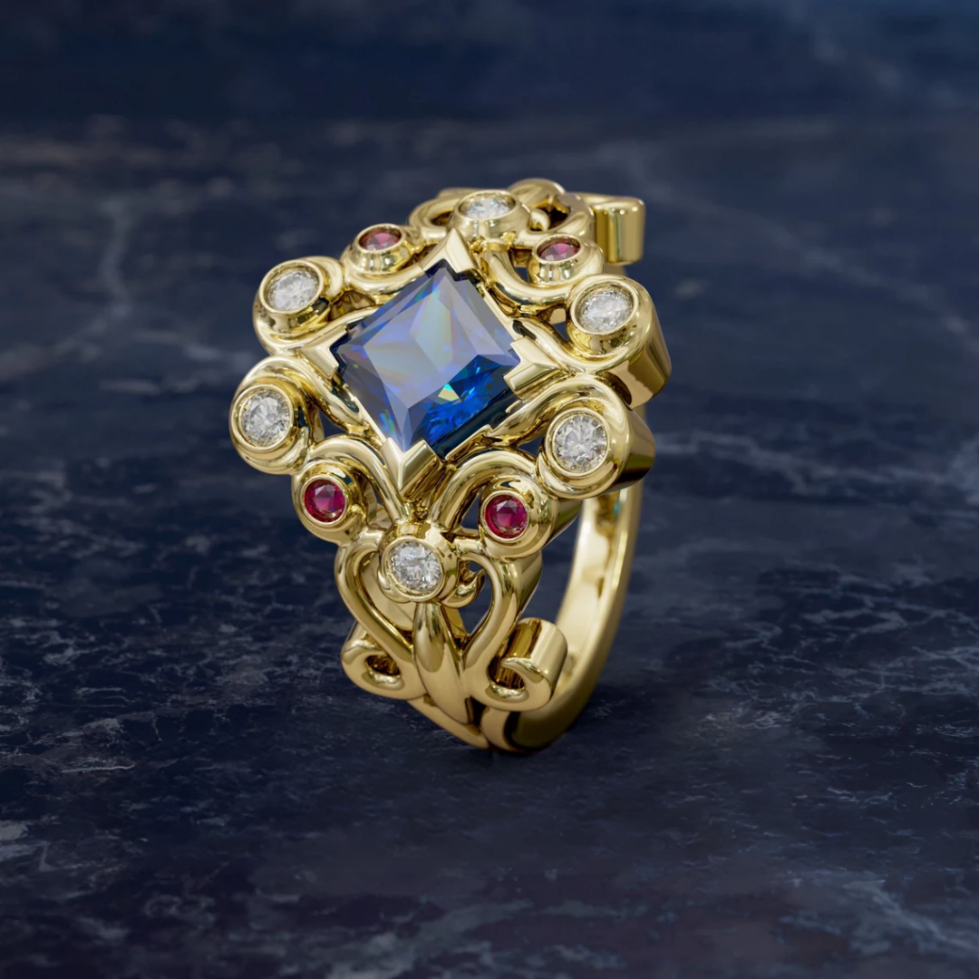 Saffier Cluster Gouden Ring