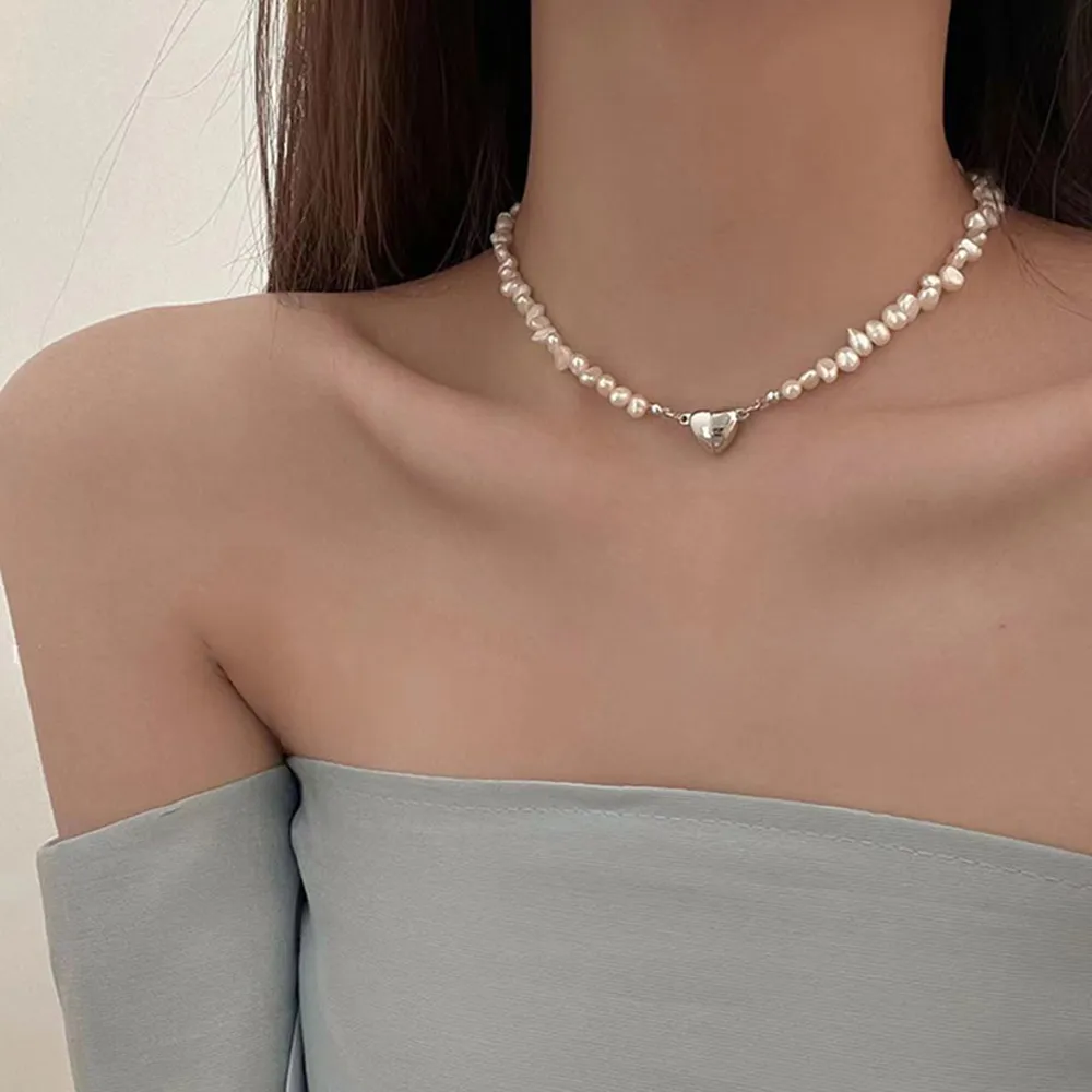Elegante Zilveren Hart Parelsnoer