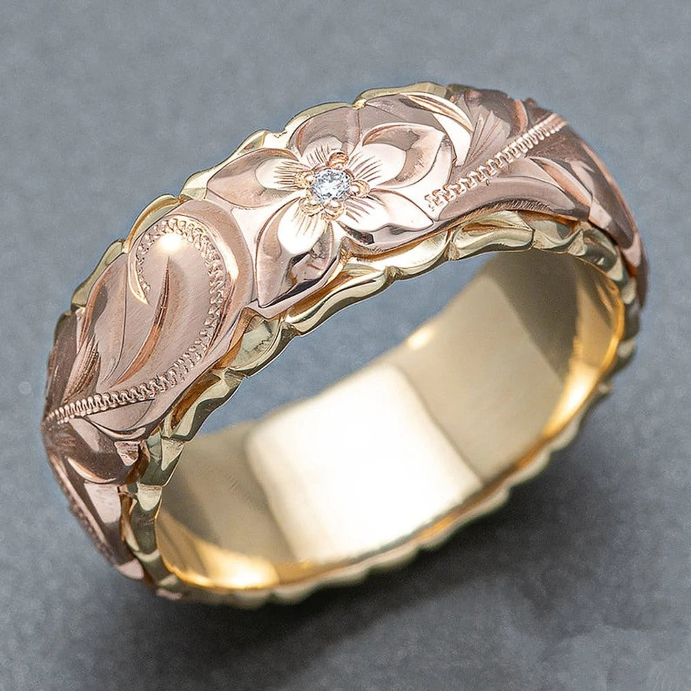Vintage Roze Gouden Bloem Gegraveerde Ring