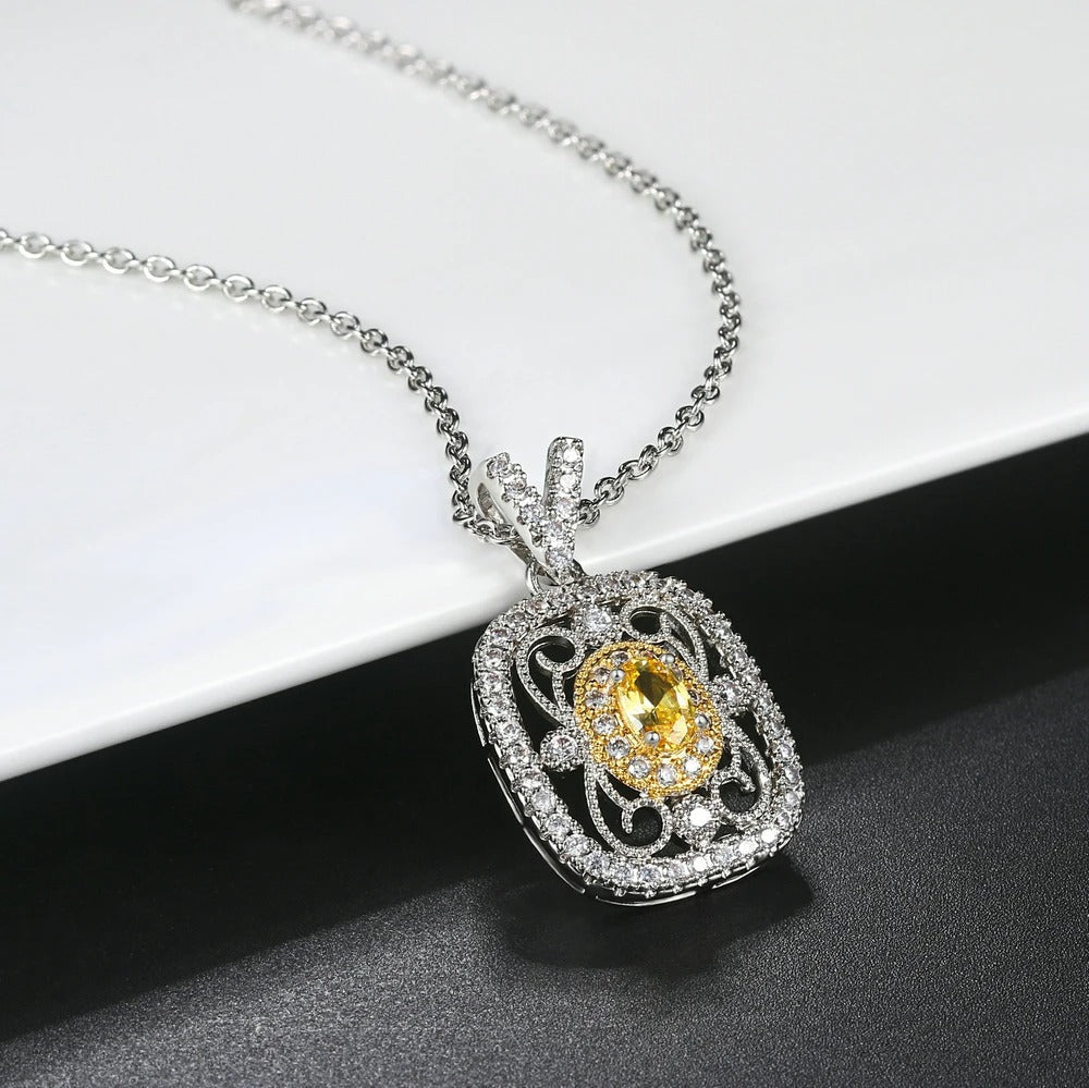 Retro Zilver Gele Edelsteen & Kristal Omslag Ketting