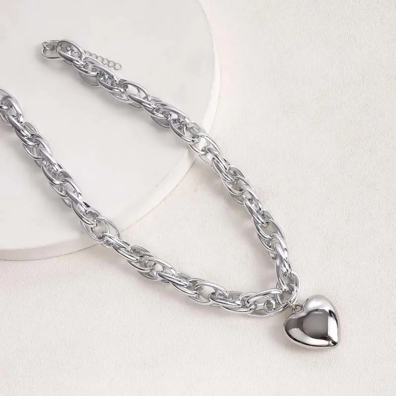 Zilveren Chunky Ketting & Hartvormige Hanger Ketting