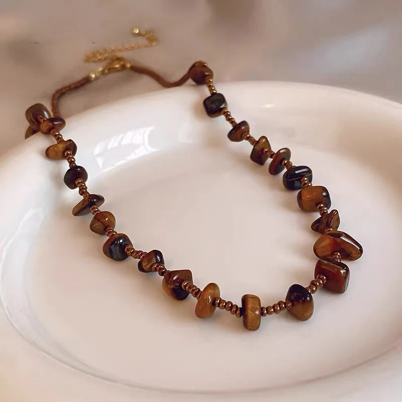 Vintage Bruine Tijgeroog Steen Ketting