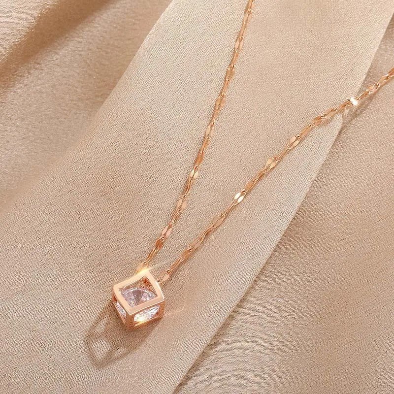 Vintage Roze Gouden Kristallen Vierkante Hanger Ketting