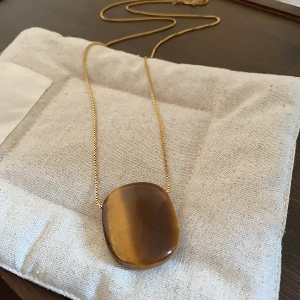 Vintage Ovaal Tijgeroog Steen Hanger Lange Ketting