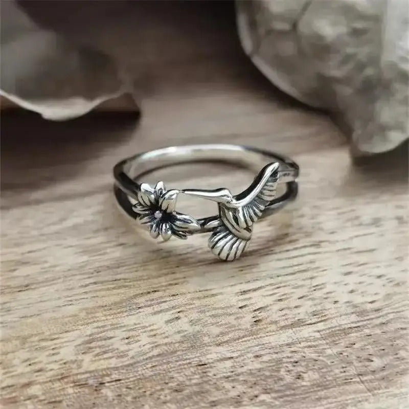 Vintage Kolibrie Bloem Zilveren Ring