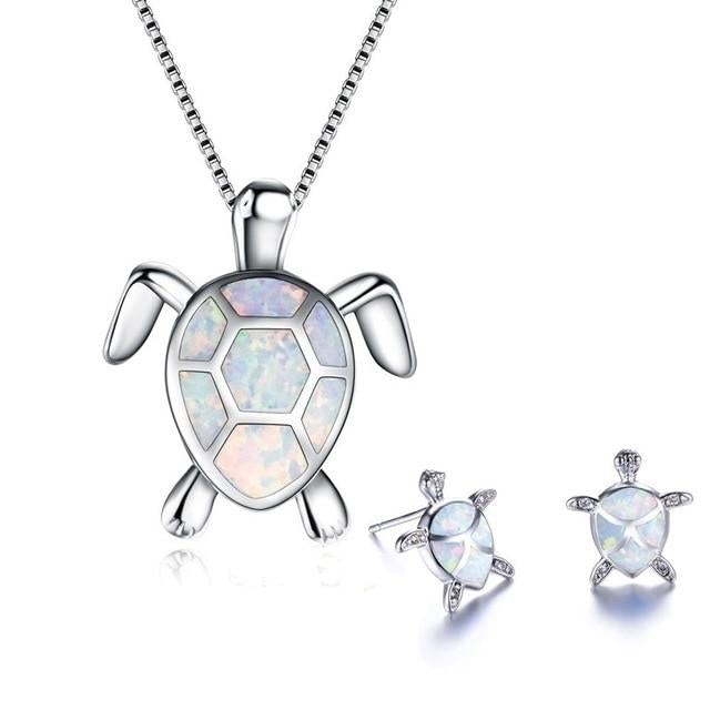 Zeeschilpad Halsketting + Oorbellen Set in Opal en Zilver