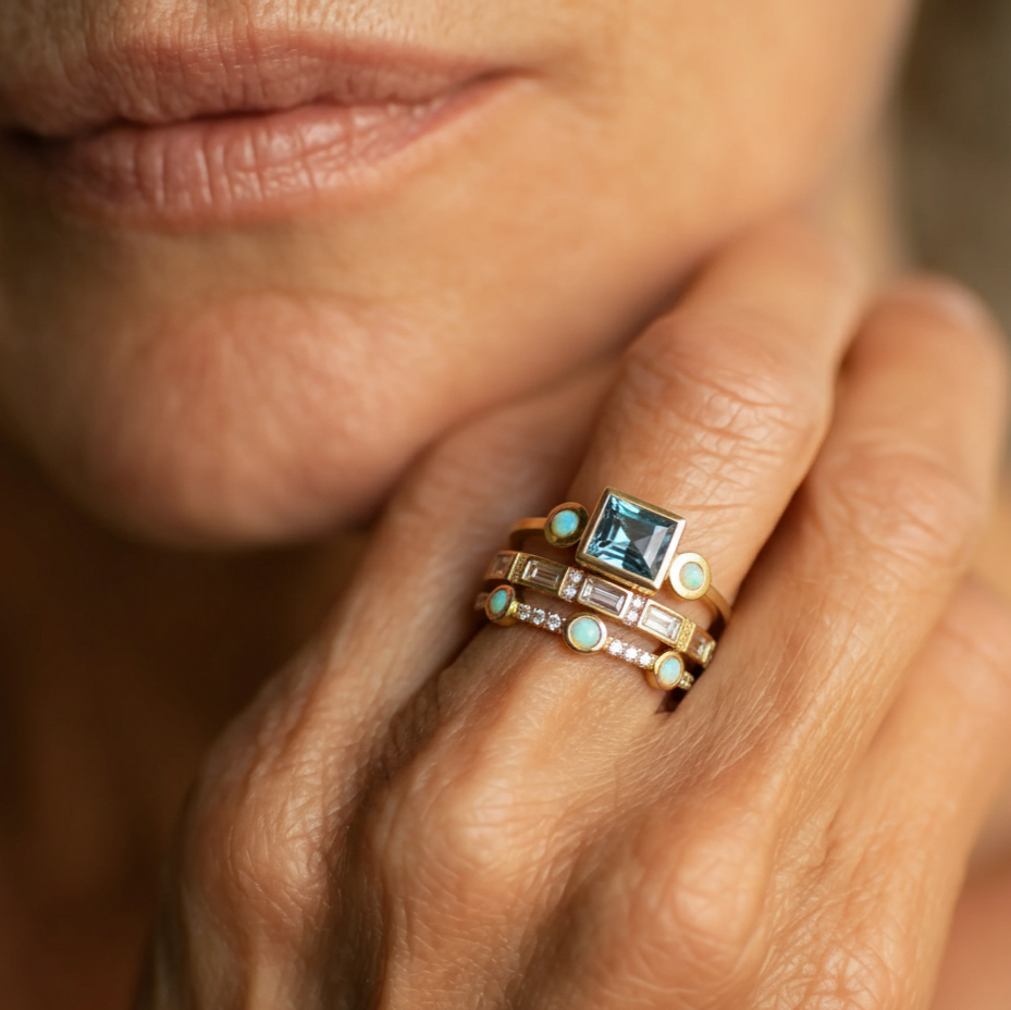 Vintage Blauwe Kristallen Ring Set