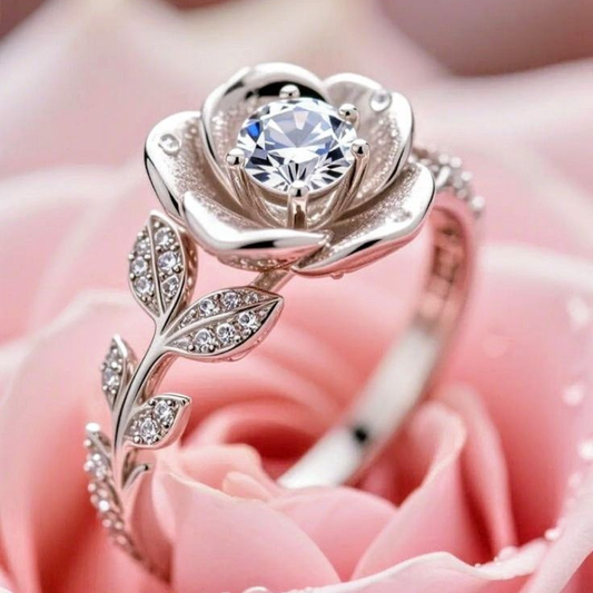 Zilveren Rozen Bloem Crystal Ring