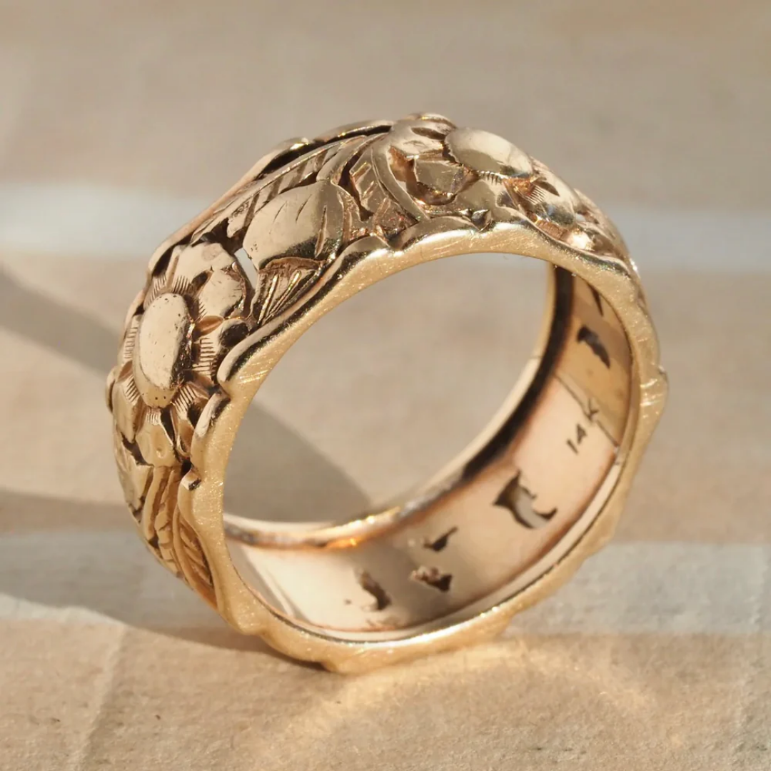 Vintage Gouden Bloem Motief Gegraveerde Ring