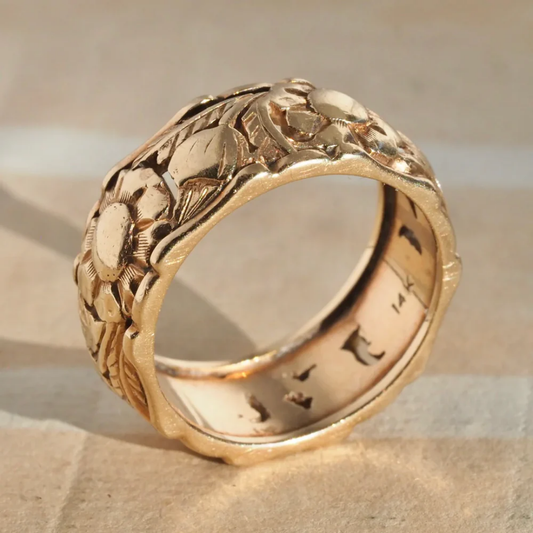 Vintage Gouden Bloem Motief Gegraveerde Ring