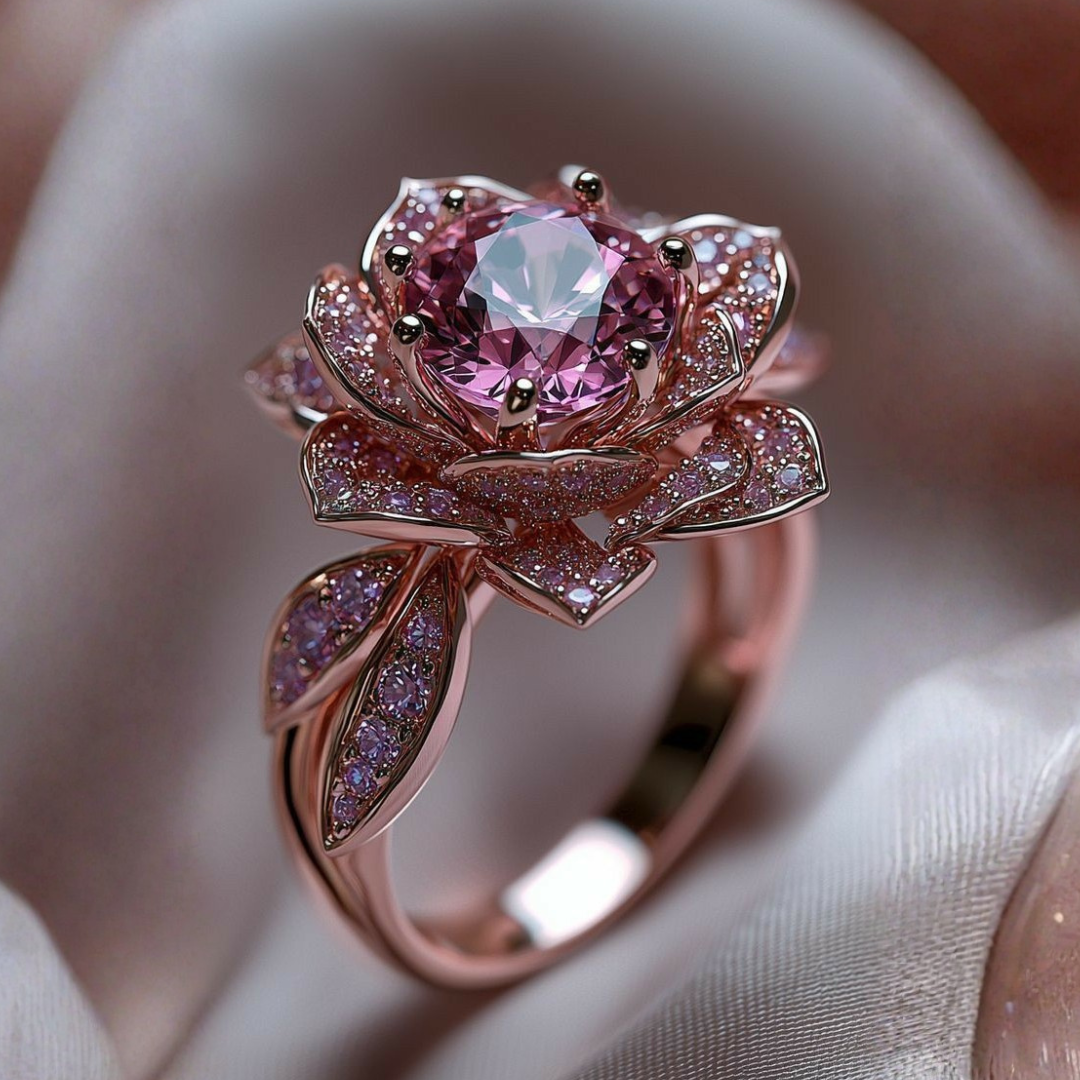 Roze Gouden Roze Bloem Crystal Ring