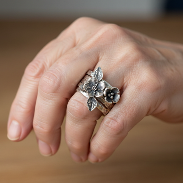 Vintage Bloem Zilveren Laag Ring