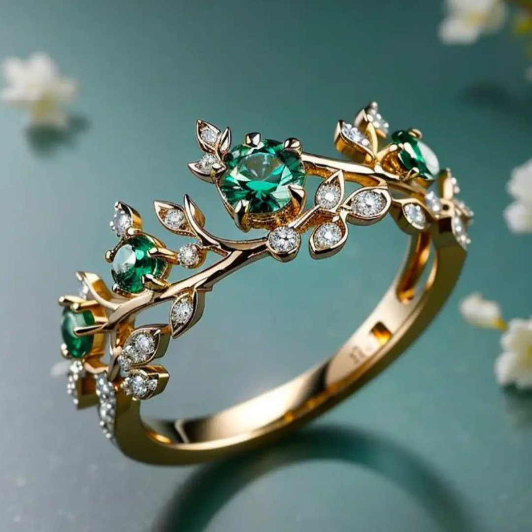 Gouden Groene Bloemen Kristallen Ring