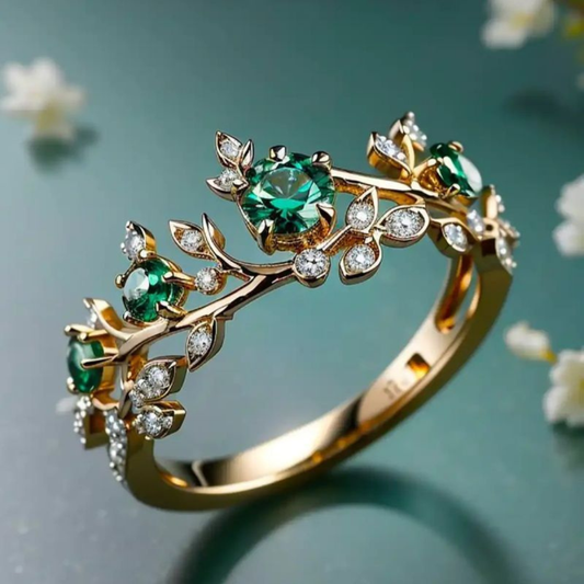 Gouden Groene Bloemen Kristallen Ring