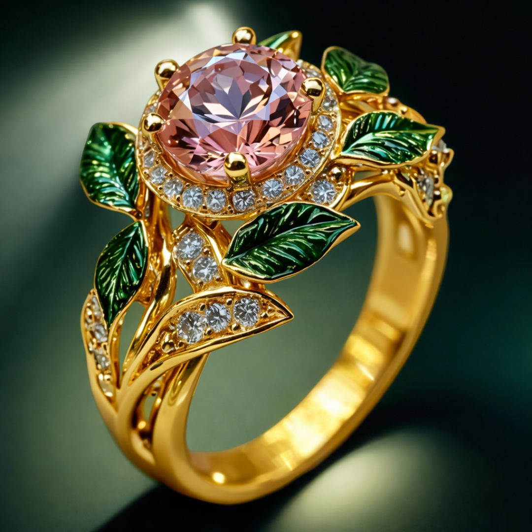 Gouden Bloemige Roze Kristallen Ring
