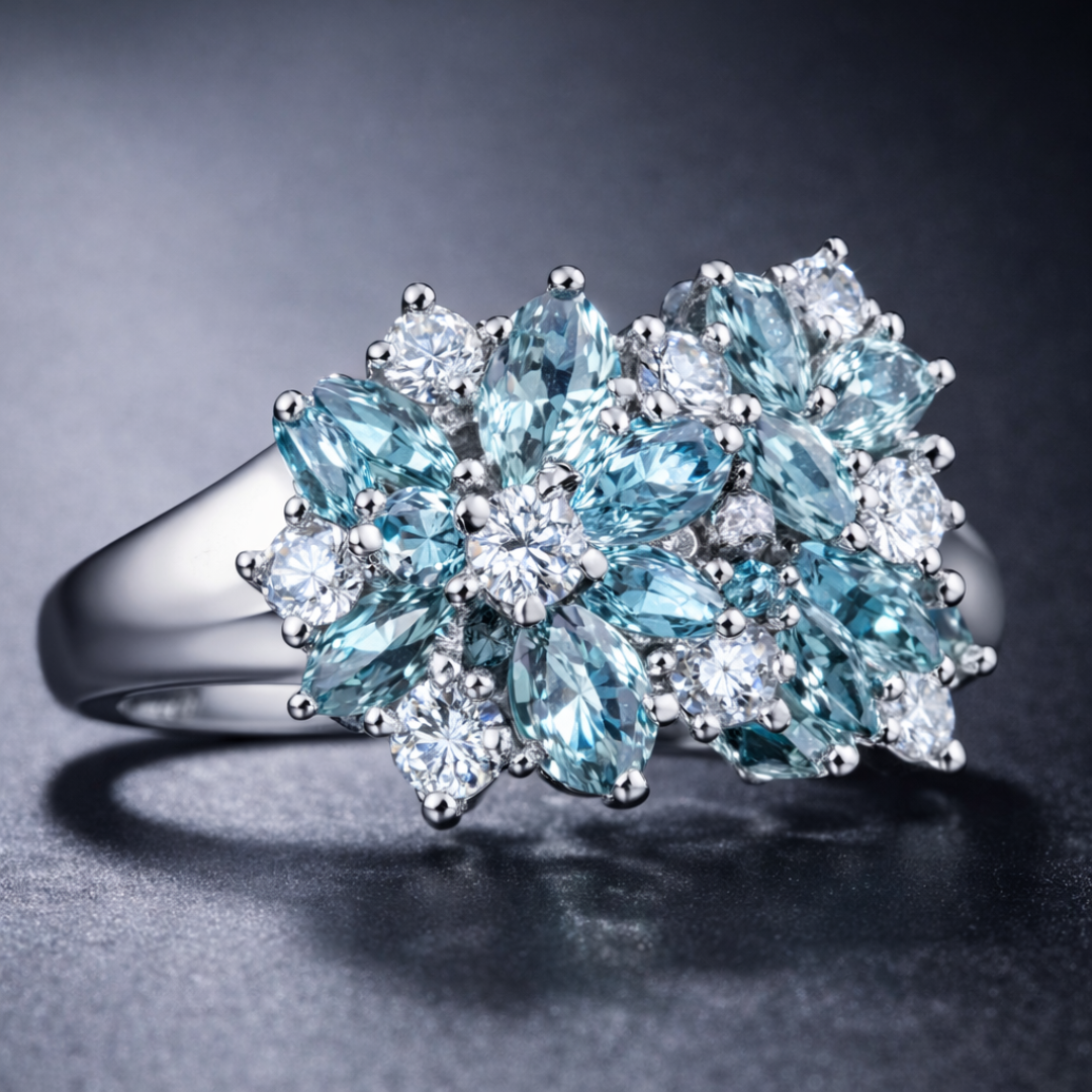 Zilverblauwe Cluster Kristallen Ring
