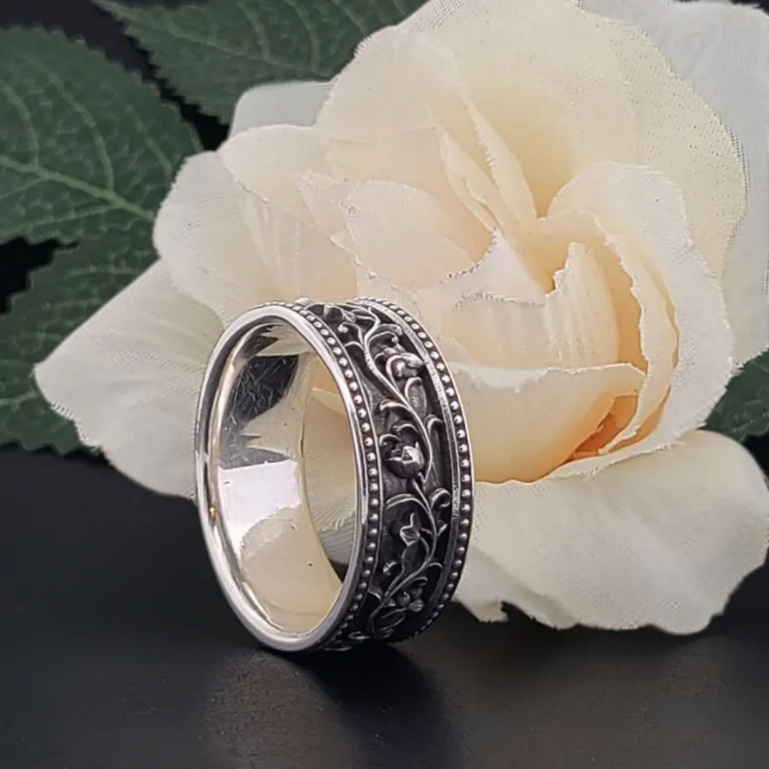Vintage Zilveren Bloem Motief Gegraveerde Ring