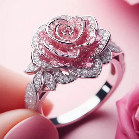 Exotische zilverplaat ring met roze bloemen