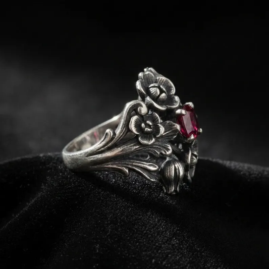 Vintage Rozen Garnet Zilveren Ring