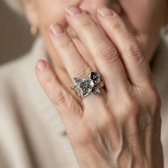 Vintage Bloem Zilveren Laag Ring