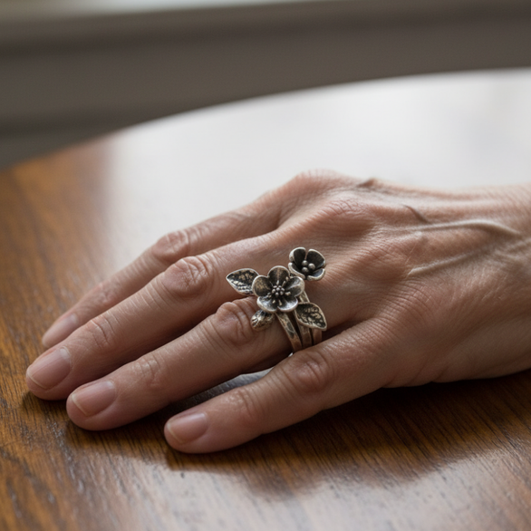 Vintage Bloem Zilveren Laag Ring