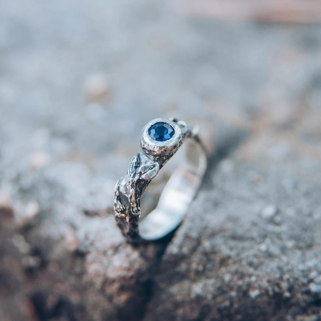 Vintage Blauwe Steen Blad Ring