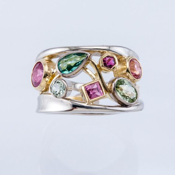 Vintage Kleurrijke Glazen Gouden & Zilveren Ring
