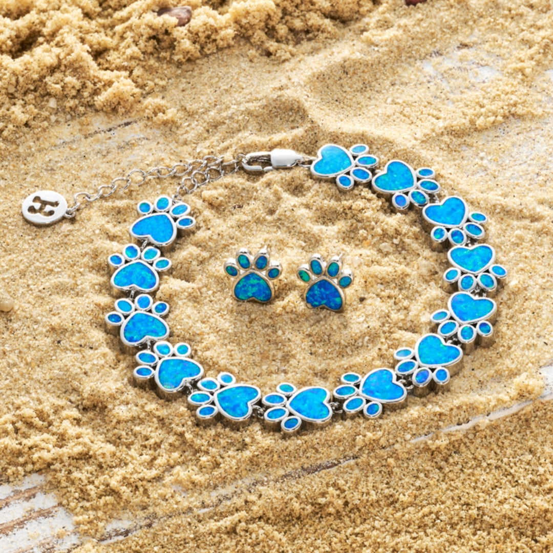 Oceanic Paw Blauw Opal en Zilveren Armband + Oorbellen Set
