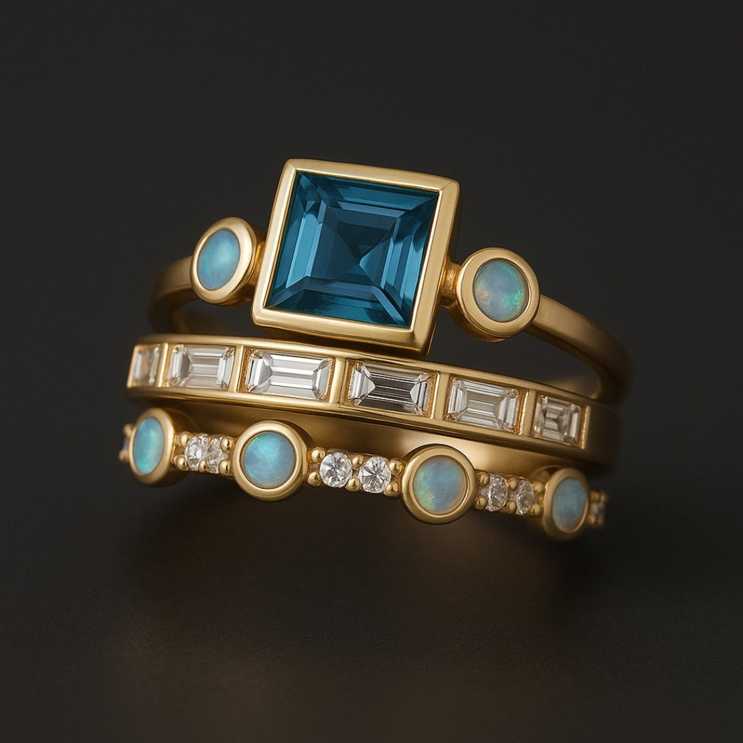 Vintage Blauwe Kristallen Ring Set