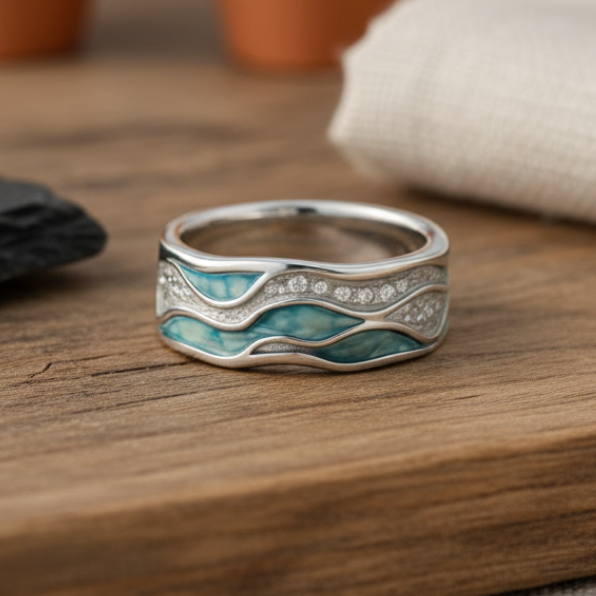 Turquoise Zilveren Golven Ring