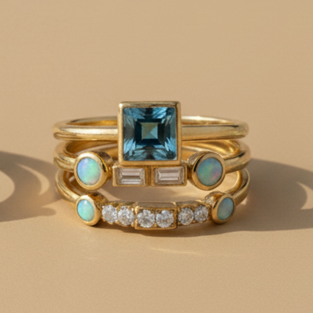 Vintage Blauwe Kristallen Ring Set