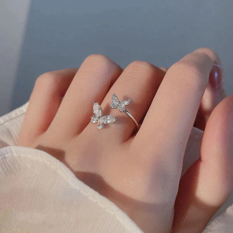 Verstelbare Glanzende Vlinder Ring in Zilver