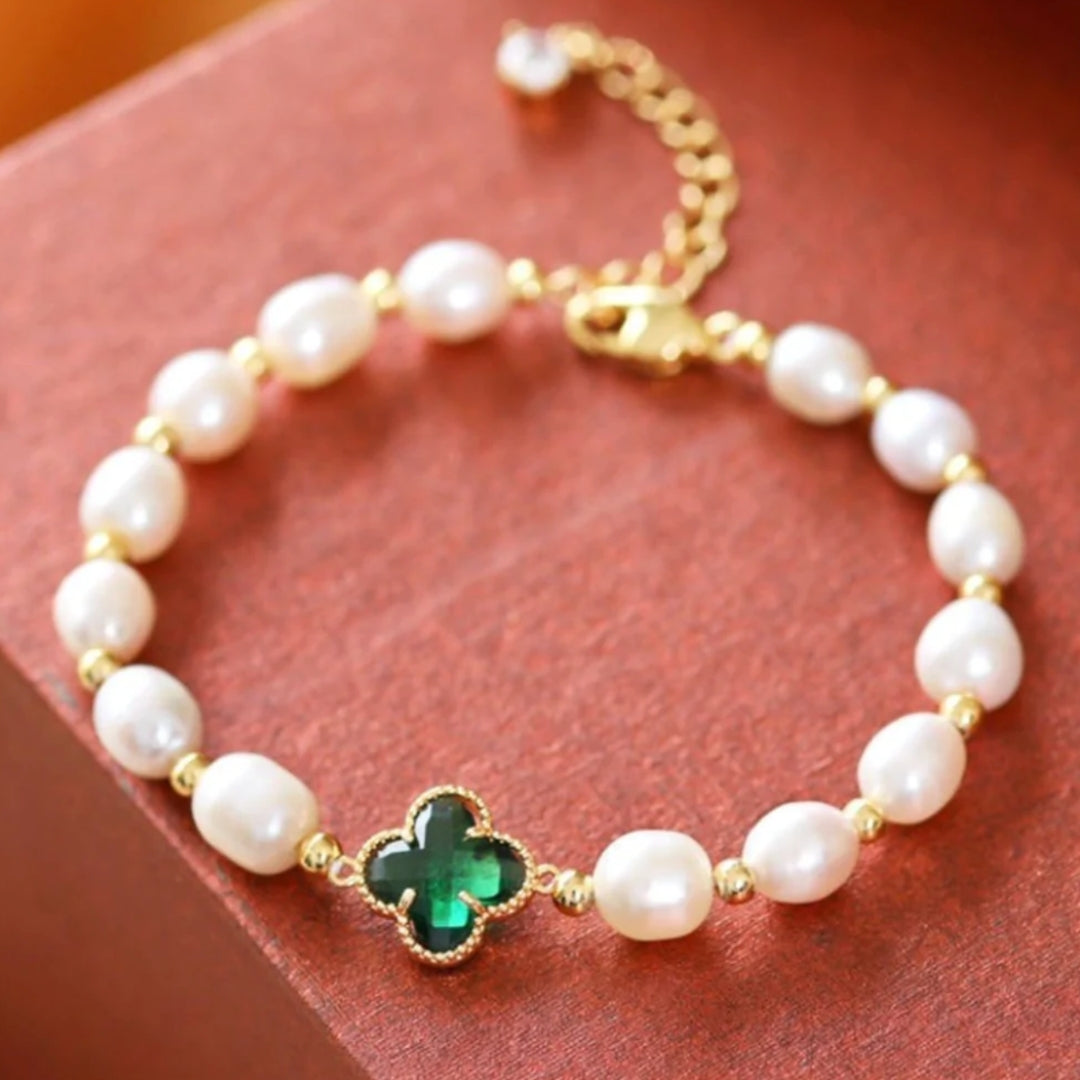 Smaragd Kloverleaf Armband met Smaragden en Parel in Goud