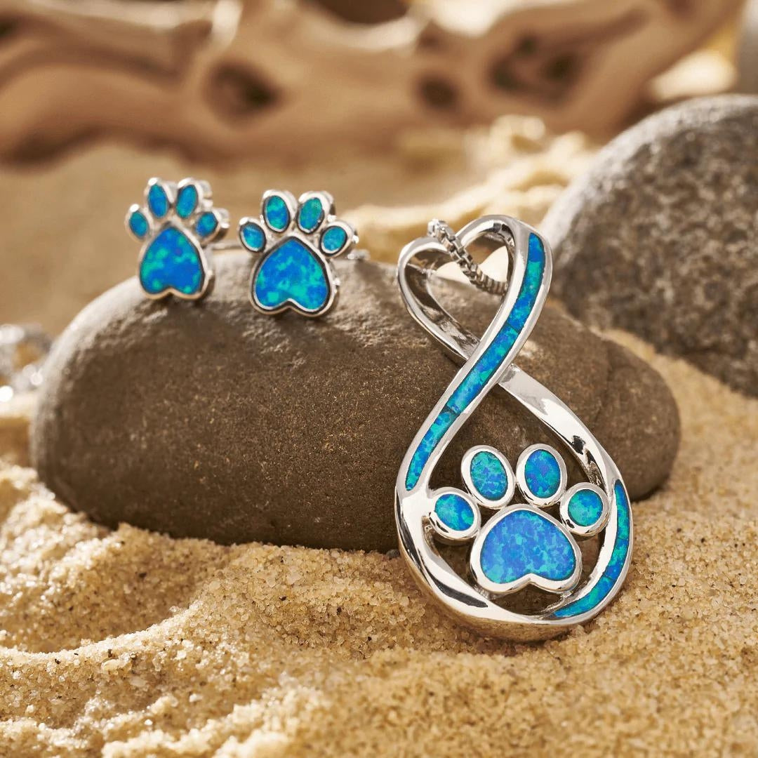 Oceaan Poot Necklace + Oorbellen Set in Blauwe Opal en Zilver