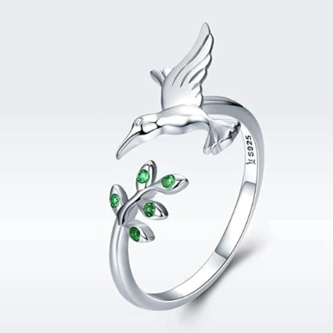 Kolibriring met Groene Zirkonia's in 925 Sterling Zilver