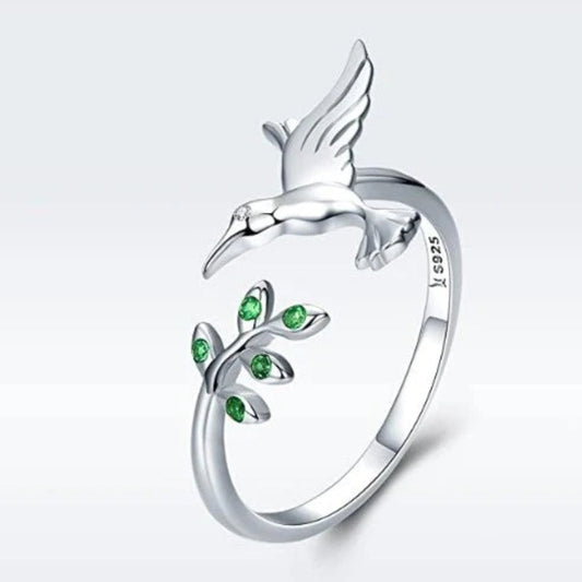 Kolibriring met Groene Zirkonia's in 925 Sterling Zilver