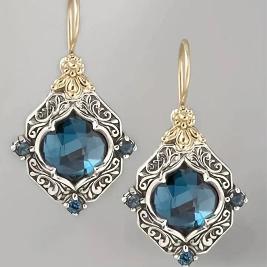 Vintage Blauwe Kristallen Gouden Oorbellen