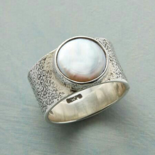 Vintage Ingelijste Witte Parel Zilveren Ring