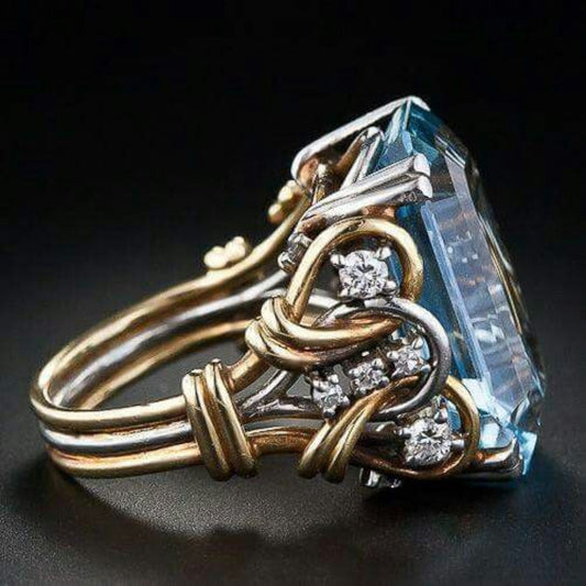 Vintage Blauwe Zirkonia Gelaagde Gouden Ring
