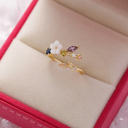 Kleurrijke Zirconia Verstelbare Ring in Goud met Wilde Bloemen