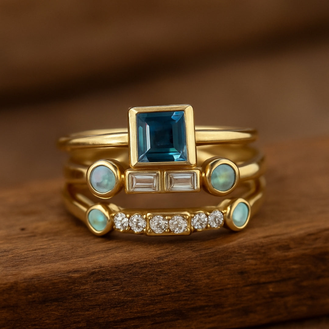 Vintage Blauwe Kristallen Ring Set