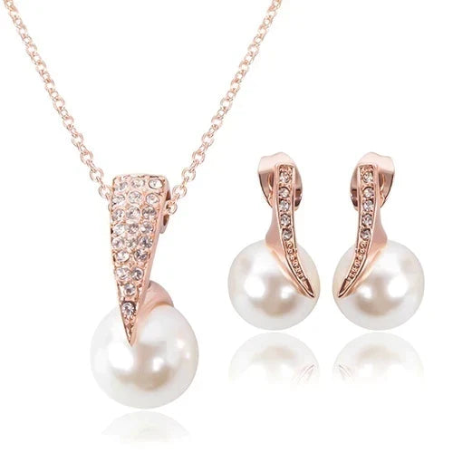 Set Ketting + Oorbellen met Parel in Roze Goud
